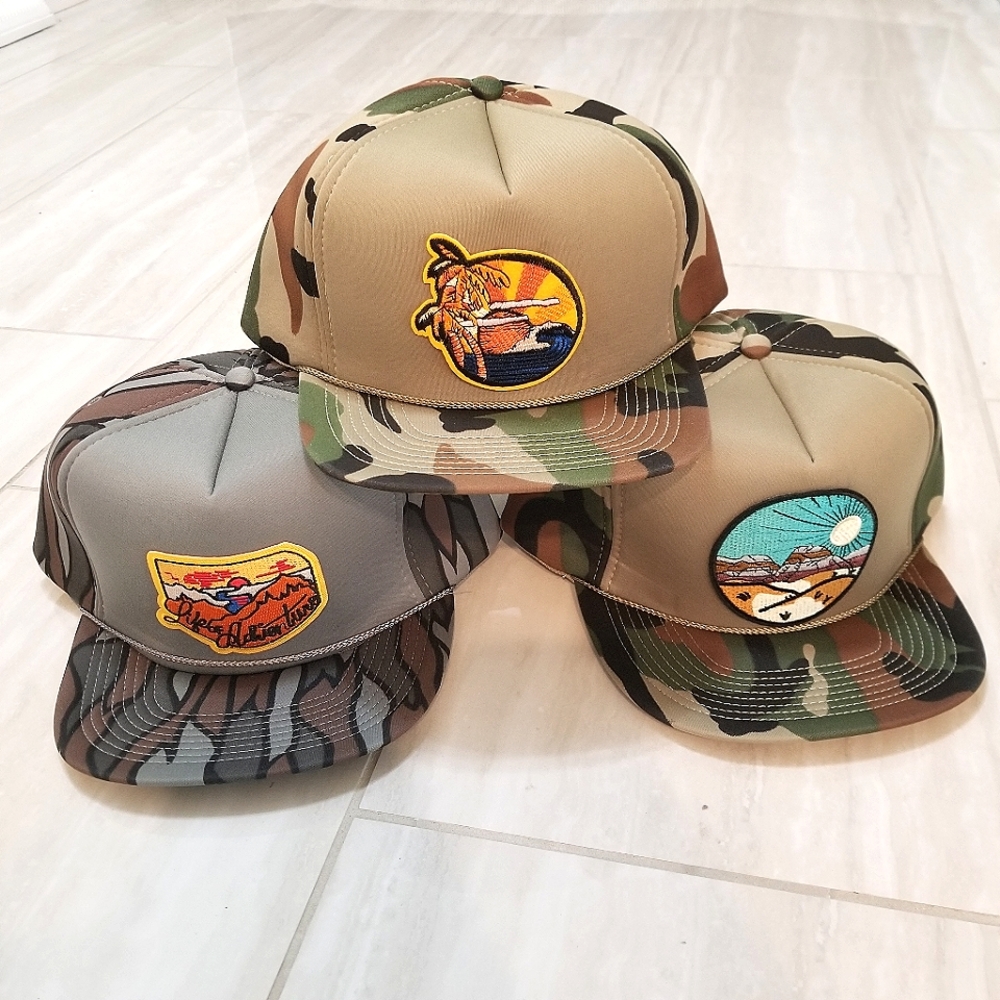 Adventure Trucker Camo Hat * w/Embroidered Beach, Mountains, Desert*